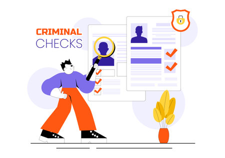 Criminal Checks Illustration Featuring Background Check for Recruitment, Criminal Record or Drug Test with Magnifier Inspecting Candidate Documentのイラスト素材