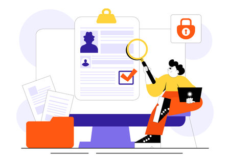 Criminal Checks Illustration Featuring Background Check for Recruitment, Criminal Record or Drug Test with Magnifier Inspecting Candidate Documentのイラスト素材