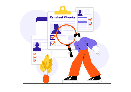 Criminal Checks Illustration Featuring Background Check for Recruitment, Criminal Record or Drug Test with Magnifier Inspecting Candidate Documentのイラスト素材
