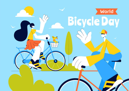World Bicycle Day Vector Illustration on 3rd June Featuring a Person Riding a Bicycle on a Road with Buildings and Trees in a Flat Style Backgroundのイラスト素材