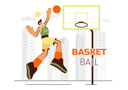 Happy Young Man Playing Basketball Vector Illustration, Wearing a Basketball Uniform on a Court for a Tournament in a Flat Style Design Backgroundのイラスト素材