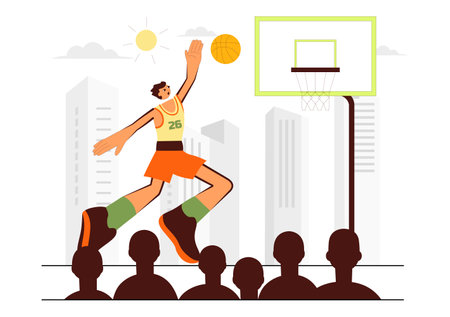 Happy Young Man Playing Basketball Vector Illustration, Wearing a Basketball Uniform on a Court for a Tournament in a Flat Style Design Backgroundのイラスト素材