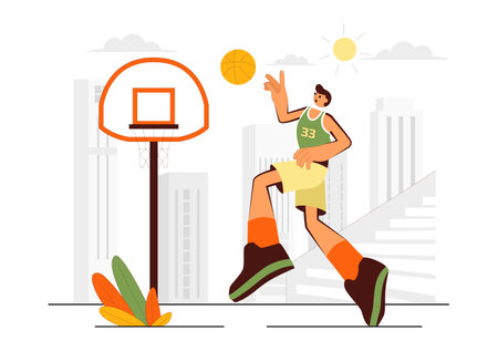 Happy Young Man Playing Basketball Vector Illustration, Wearing a Basketball Uniform on a Court for a Tournament in a Flat Style Design Backgroundのイラスト素材
