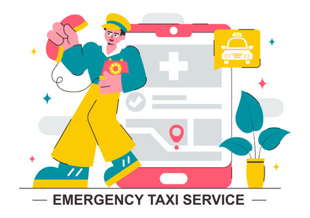 Emergency Taxi Service Vector Illustration Featuring a Taxi Car Called via Mobile Apps with Location Markers for Urgent Delivery or Emergency Callsのイラスト素材
