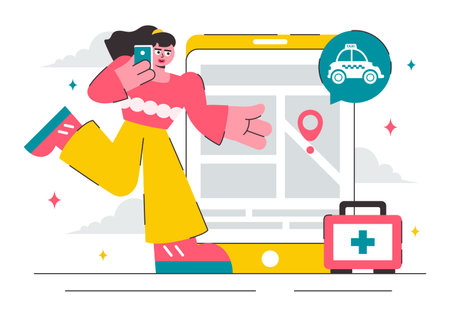 Emergency Taxi Service Vector Illustration Featuring a Taxi Car Called via Mobile Apps with Location Markers for Urgent Delivery or Emergency Callsのイラスト素材