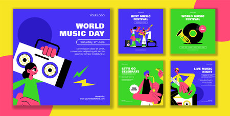 Flat Cartoon Social Media Post Template for World Music Day Celebration with Hand Drawn Styleのイラスト素材