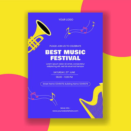 Cartoon Flat Social Media Invitation for World Music Day with Musical Elements and Festival Vibesのイラスト素材