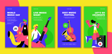 World Music Day Social Media Stories Illustration with Flat Cartoon and Festive Background Designのイラスト素材