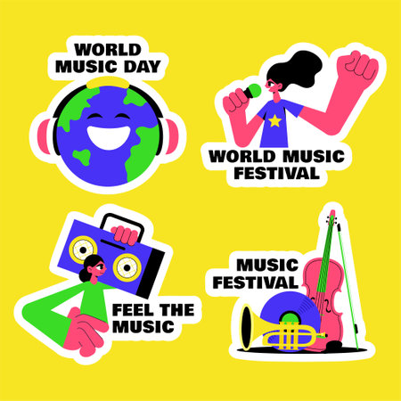 Social Media Label for World Music Day in Fun Cartoon Flat Illustration Styleのイラスト素材