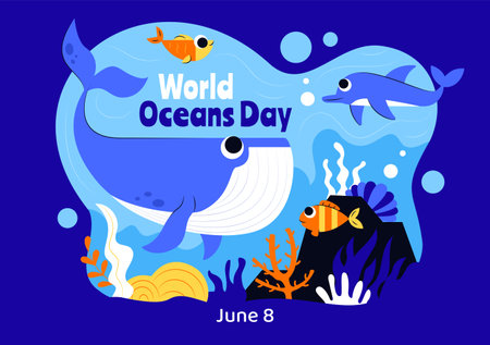 World Oceans Day Vector Illustration to Help Protect and Conserve the Ocean, Marine Life, Ecosystems, and Sea Plants in a Flat Cartoon Backgroundのイラスト素材