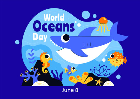 World Oceans Day Vector Illustration to Help Protect and Conserve the Ocean, Marine Life, Ecosystems, and Sea Plants in a Flat Cartoon Backgroundのイラスト素材