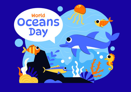 World Oceans Day Vector Illustration to Help Protect and Conserve the Ocean, Marine Life, Ecosystems, and Sea Plants in a Flat Cartoon Backgroundのイラスト素材