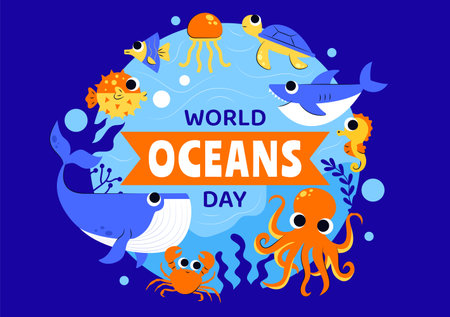World Oceans Day Vector Illustration to Help Protect and Conserve the Ocean, Marine Life, Ecosystems, and Sea Plants in a Flat Cartoon Backgroundのイラスト素材