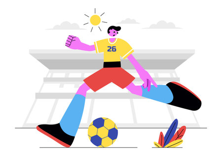 Soccer Vector Illustration Featuring a Man Kicking a Soccer Ball on a Green Field for a Football League and Sports Match in a Flat Cartoon Backgroundのイラスト素材