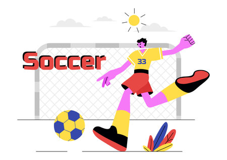 Soccer Vector Illustration Featuring a Man Kicking a Soccer Ball on a Green Field for a Football League and Sports Match in a Flat Cartoon Backgroundのイラスト素材