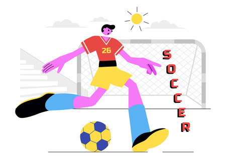 Soccer Vector Illustration Featuring a Man Kicking a Soccer Ball on a Green Field for a Football League and Sports Match in a Flat Cartoon Backgroundのイラスト素材