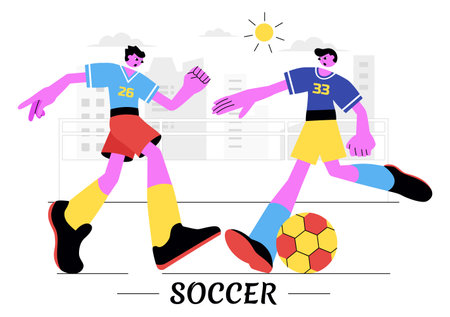 Soccer Vector Illustration Featuring a Man Kicking a Soccer Ball on a Green Field for a Football League and Sports Match in a Flat Cartoon Backgroundのイラスト素材