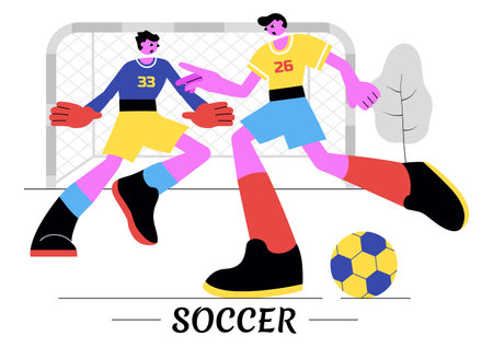 Soccer Vector Illustration Featuring a Man Kicking a Soccer Ball on a Green Field for a Football League and Sports Match in a Flat Cartoon Backgroundのイラスト素材