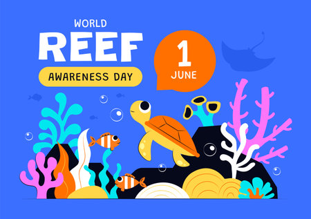 World Reef Awareness Day Vector Illustration on June 1, Featuring Conservation Efforts in Maintaining Ocean Ecosystems in a Flat Style Backgroundのイラスト素材