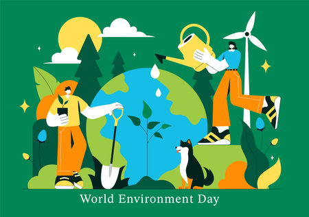 World Environment Day Vector Illustration with Green Trees and Plants in a Forest, of Saving the Planet and Taking Care of the Earth in a Backgroundのイラスト素材