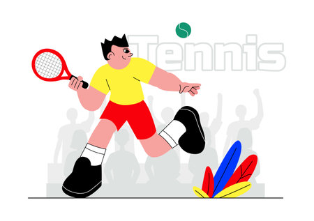 Vector illustration of a Tennis Player Holding a Racket with a Ball on the Court during a Sports Match in a Flat Cartoon Style Backgroundのイラスト素材