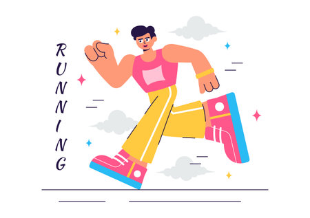Running Race Vector Illustration featuring People Jogging or Leisurely Strolling While Enjoying the Outdoor Atmosphere in a Flat Style Backgroundのイラスト素材