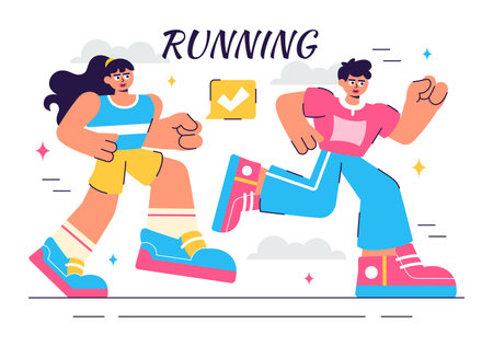 Running Race Vector Illustration featuring People Jogging or Leisurely Strolling While Enjoying the Outdoor Atmosphere in a Flat Style Backgroundのイラスト素材