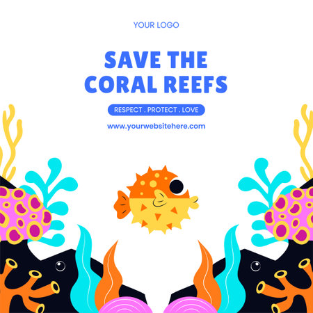 Colorful Coral Reef Awareness Design in Flat Hand-Drawn Style Illustrationのイラスト素材