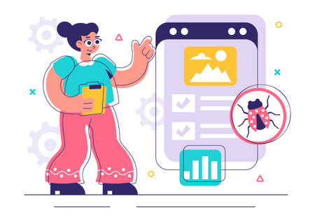Bugs Tracking Tool Vector Illustration Featuring Mobile Phone Protection from Computer Viruses in a Website Security Flat Style Cartoon Backgroundのイラスト素材