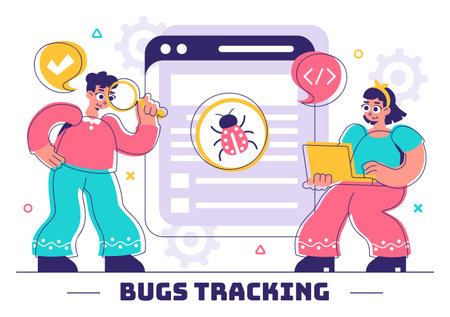 Bugs Tracking Tool Vector Illustration Featuring Mobile Phone Protection from Computer Viruses in a Website Security Flat Style Cartoon Backgroundのイラスト素材
