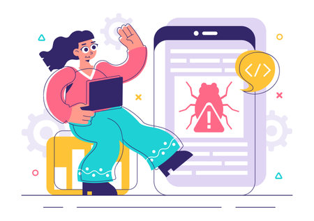 Bugs Tracking Tool Vector Illustration Featuring Mobile Phone Protection from Computer Viruses in a Website Security Flat Style Cartoon Backgroundのイラスト素材