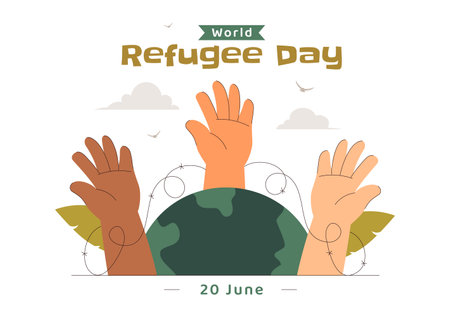 World Refugee Day Illustration featuring an Immigrant Family with Their Children in Search of a New Home, with Barbed Wire Fences and a Helping Handのイラスト素材