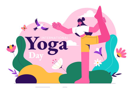 International Yoga Day Vector Illustration on June 21, featuring a Woman Practicing Yoga Poses or Meditation in a Flat Style Healthcare Backgroundのイラスト素材