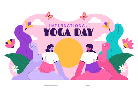 International Yoga Day Vector Illustration on June 21, featuring a Woman Practicing Yoga Poses or Meditation in a Flat Style Healthcare Backgroundのイラスト素材