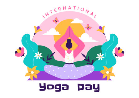 International Yoga Day Vector Illustration on June 21, featuring a Woman Practicing Yoga Poses or Meditation in a Flat Style Healthcare Backgroundのイラスト素材