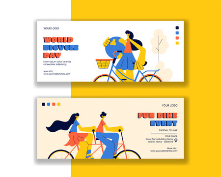 World Bicycle Day Creative Horizontal Banner Layout with Cartoon Background Elementsのイラスト素材