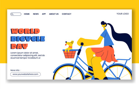Minimalist Social Media Landing Page Design for World Bicycle Day with Flat Cartoon Drawingのイラスト素材