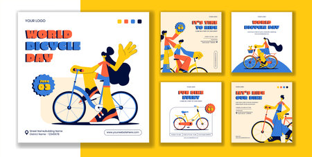World Bicycle Day Flat Illustration with Social Media Post Template and Hand Drawn Backgroundのイラスト素材