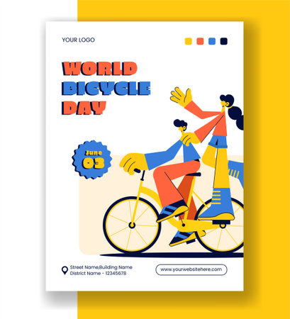 World Bicycle Day Vertical Poster Template with Cycling Theme in Flat Cartoon Styleのイラスト素材