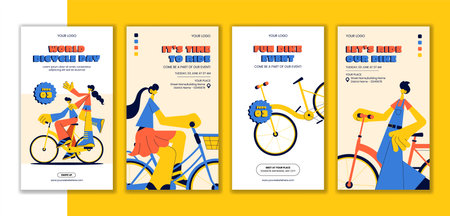 Cycling Celebration Social Media Stories Design for World Bicycle Day in Flat Cartoon Styleのイラスト素材