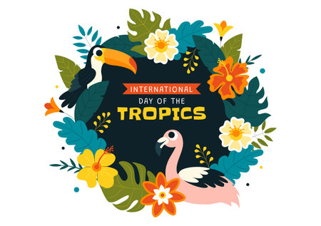 International Day of the Tropics Vector Illustration on June 29 Featuring Animals, Grass, and Flowering Plants to Preserve Tropical Natureのイラスト素材