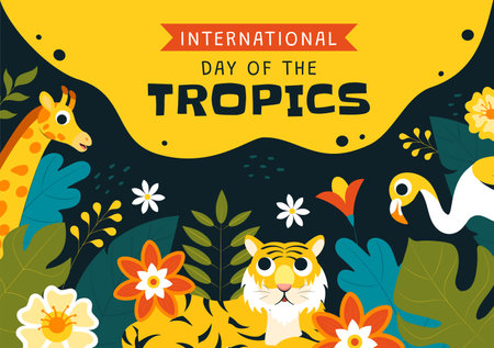 International Day of the Tropics Vector Illustration on June 29 Featuring Animals, Grass, and Flowering Plants to Preserve Tropical Natureのイラスト素材
