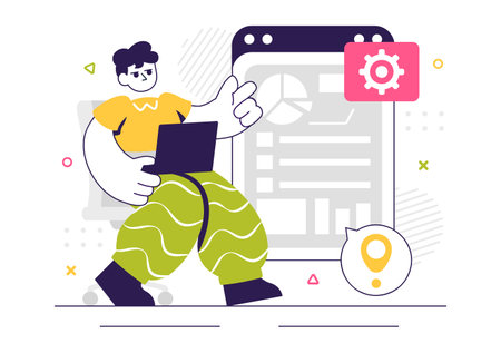 ERP Enterprise Resource Planning System Vector Illustration featuring Business Integration, Productivity Improvement, and Company Enhancementのイラスト素材