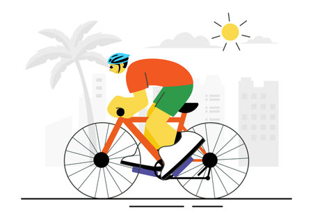 Cycling Vector Illustration Featuring People Engaged in Outdoor Leisure Activities, Riding Bicycles with Helmets on a Road Track in a Backgroundのイラスト素材