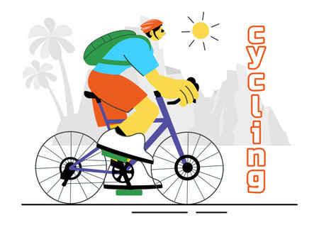 Cycling Vector Illustration Featuring People Engaged in Outdoor Leisure Activities, Riding Bicycles with Helmets on a Road Track in a Backgroundのイラスト素材