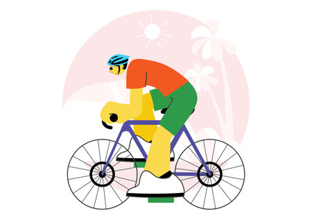 Cycling Vector Illustration Featuring People Engaged in Outdoor Leisure Activities, Riding Bicycles with Helmets on a Road Track in a Backgroundのイラスト素材