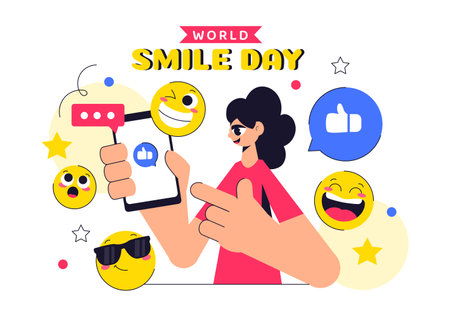 World Smile Day Celebration Vector Illustration Featuring a Smiling Icon, Joyful Emotion and Various Facial Expressions in a Cute and Cheerful Cartoonのイラスト素材