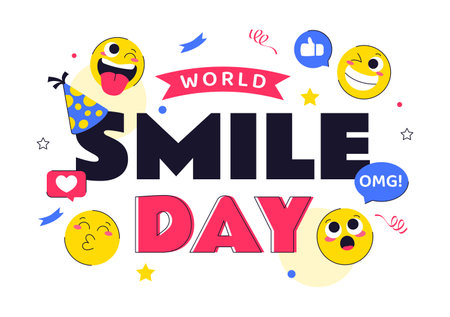 World Smile Day Celebration Vector Illustration Featuring a Smiling Icon, Joyful Emotion and Various Facial Expressions in a Cute and Cheerful Cartoonのイラスト素材