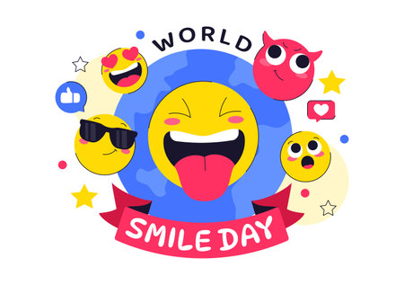 World Smile Day Celebration Vector Illustration Featuring a Smiling Icon, Joyful Emotion and Various Facial Expressions in a Cute and Cheerful Cartoonのイラスト素材