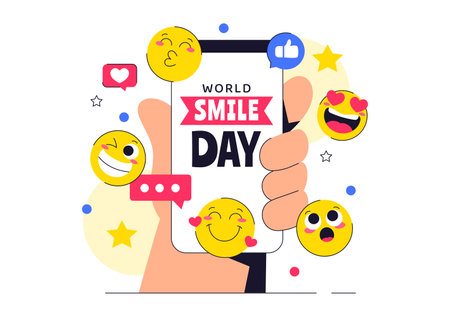 World Smile Day Celebration Vector Illustration Featuring a Smiling Icon, Joyful Emotion and Various Facial Expressions in a Cute and Cheerful Cartoonのイラスト素材